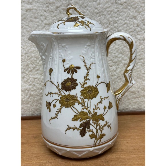 Other - Vintage KT&K China Tall Coffee Pot / Chocolate Pot White Gold Floral Embossed